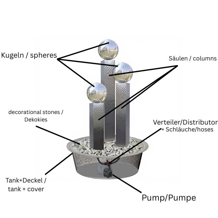 Fontaine colonne inox carrée avec bille - Set 3 pièces acier inoxydable