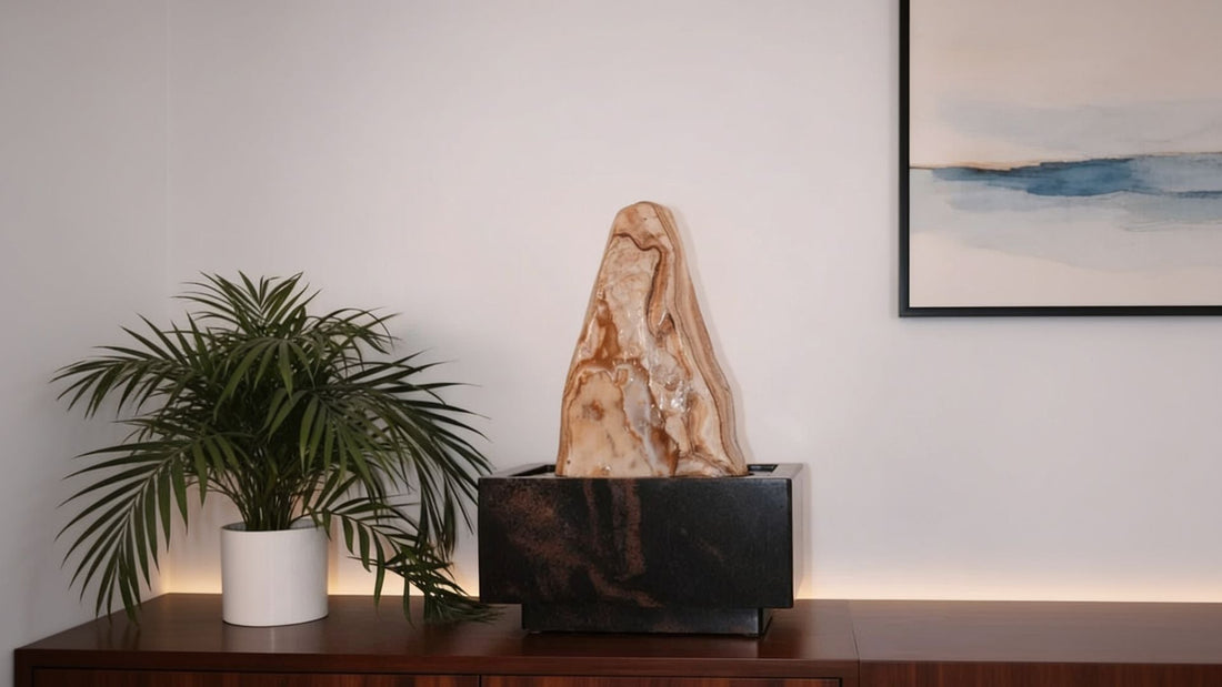 Skulpturbrunnen Onyx Marmor Lisbon: ein Tischbrunnen im Porträt