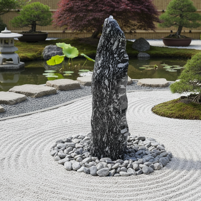Black Angel marble fountain set with striking white veining