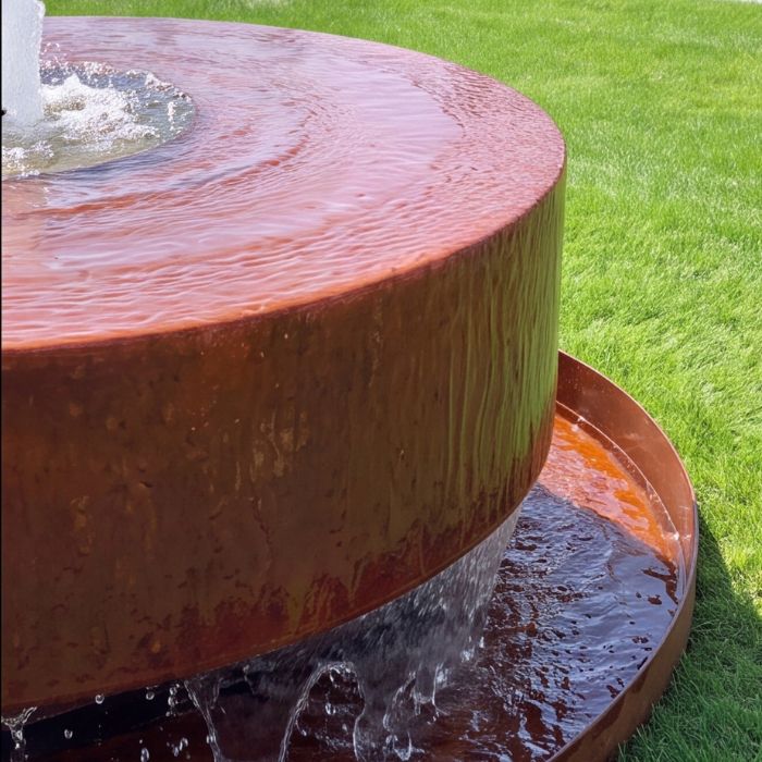 Cortenstahl Gartenbrunnen in Scheibenform, Nahaufnahme