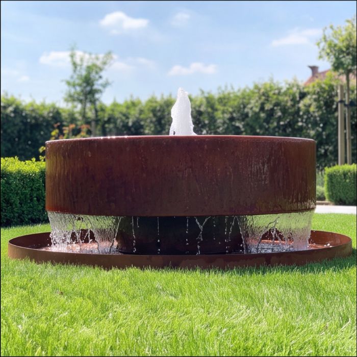 Cortenstahl Gartenbrunnen in Scheibenform, Snail View