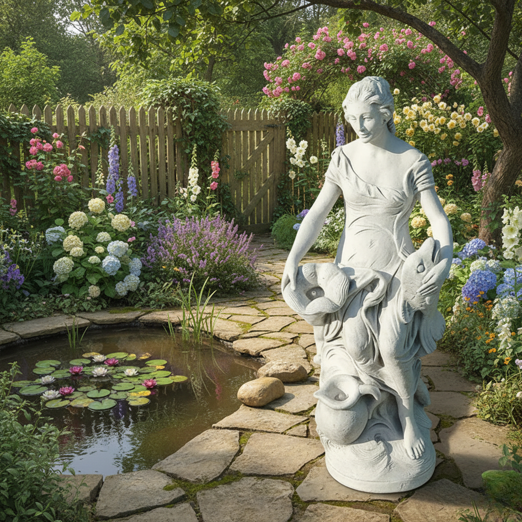 Garden Marble Figure Country Girl