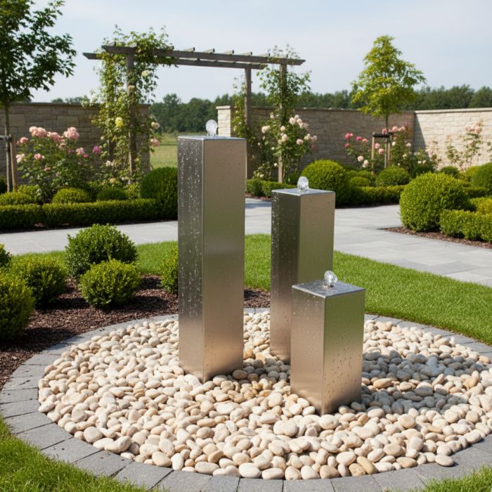 Edelstahl Säulenbrunnen Eck 3er Set