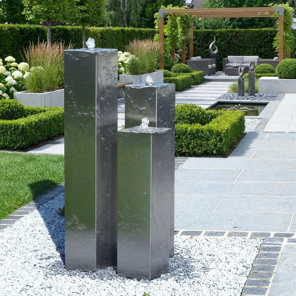 Edelstahl Säulenbrunnen Eck 3er Set
