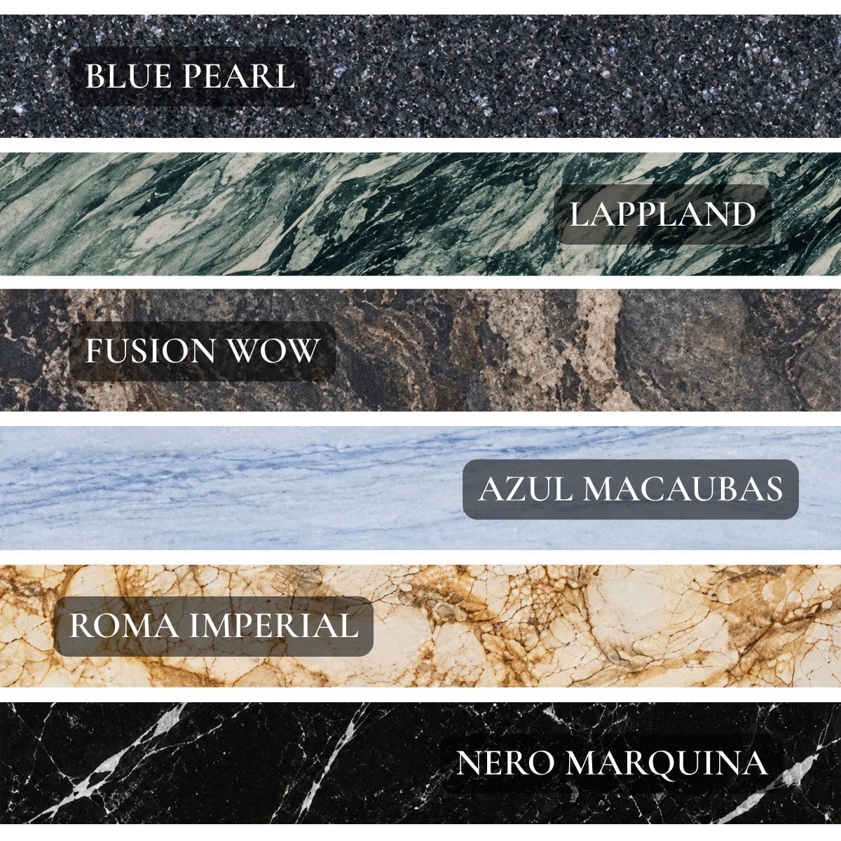 Natursteine für das Wassertor im Vergleich: Blue Pearl, Lappland, Fusion Wow, Azul Macaubas, Roma Imperial und Nero Marquina