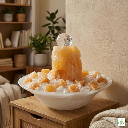 Fontaine d'intérieur en pierre précieuse, calcite orange