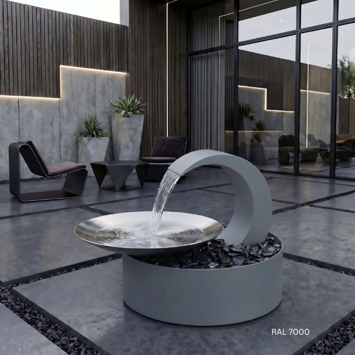 Terrassenbrunnen Edelstahl mit Pulverbeschichtung in RAL 7000