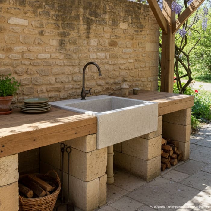 Fregadero de piedra caliza 80x60cm | Pila exterior natural para cocina de jardín 