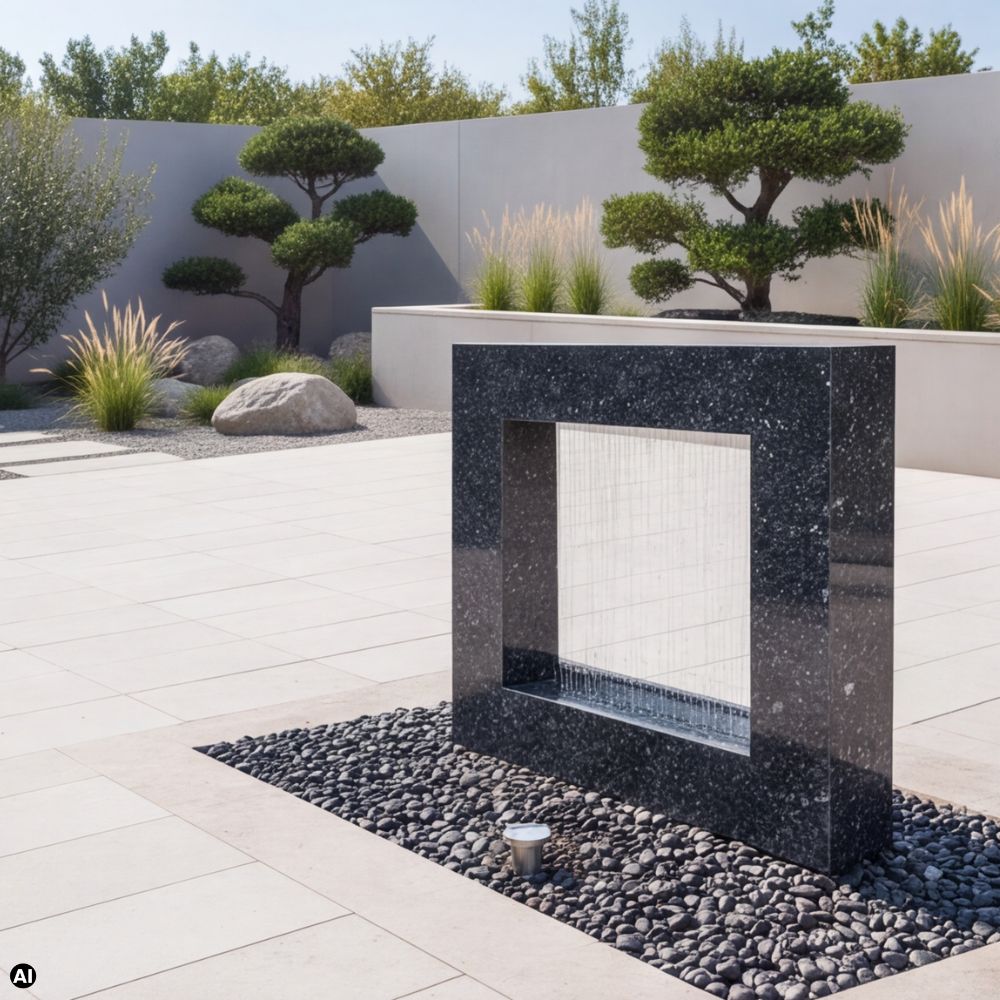 Wassertor aus Naturstein Blue Pearl mit Wasservorhang auf heller Terrasse