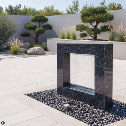 Wassertor aus Naturstein Blue Pearl mit Wasservorhang auf heller Terrasse