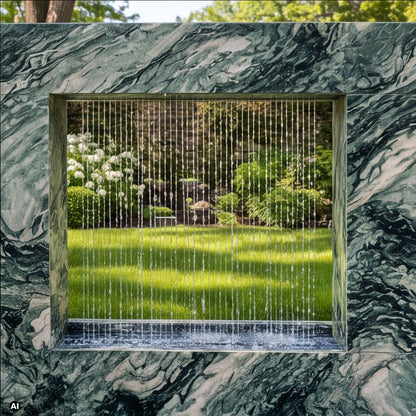 Frontansicht Wassertor aus Lappland Naturstein mit Wasservorhang und Blick in den Garten