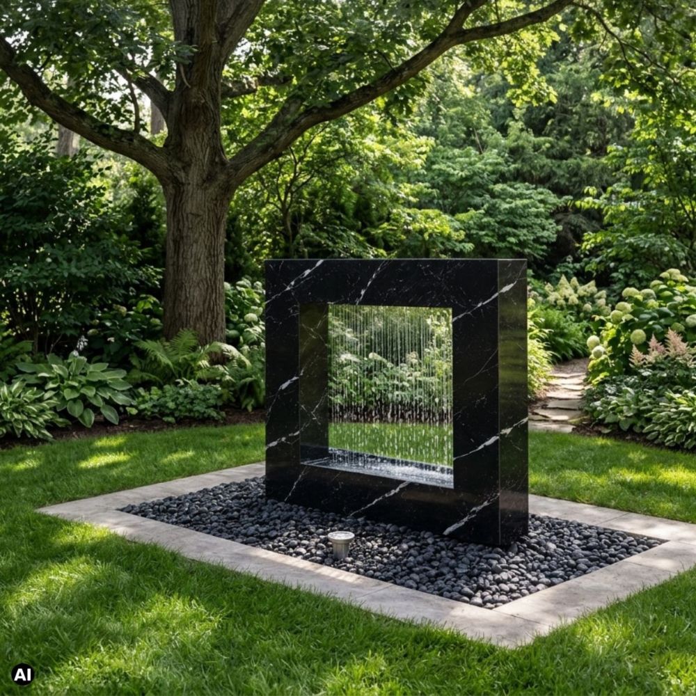Wassertor aus Naturstein Nero Marquina mit weißer Maserung im Garten
