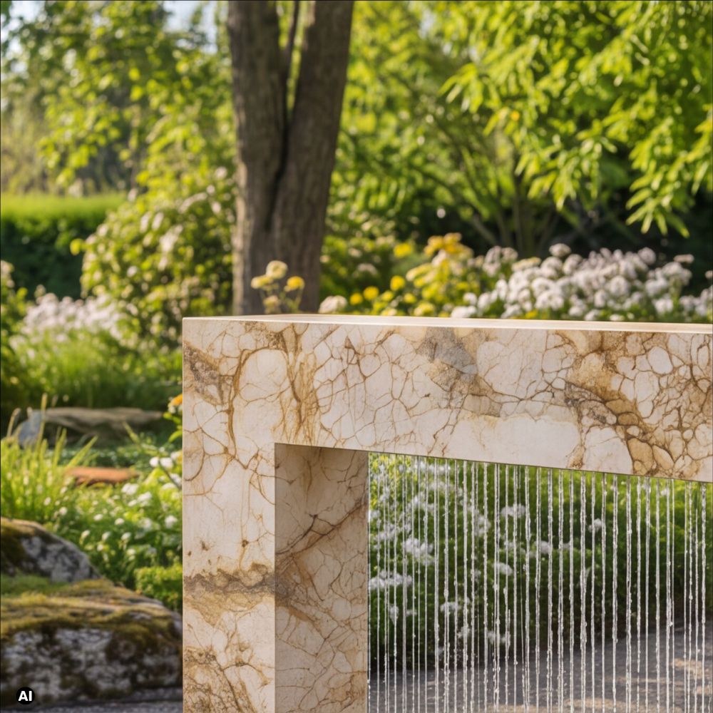 Detailaufnahme Roma Imperial Naturstein mit goldbrauner Maserung und Wasservorhang