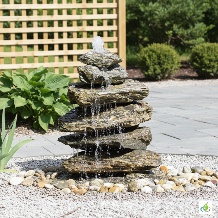 Woodstone cascade made of layered natural stone slabs with a stepped waterfall