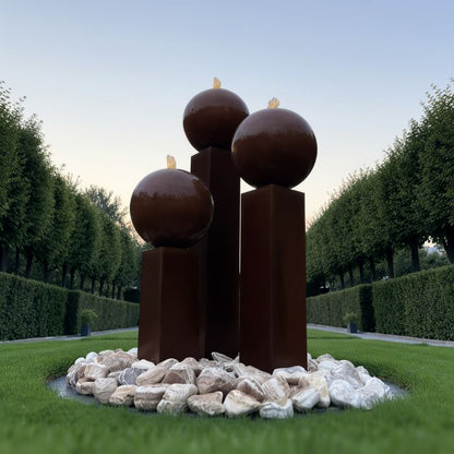 Cortenstahl Säulenbrunnen Eck 3er Set mit Kugel