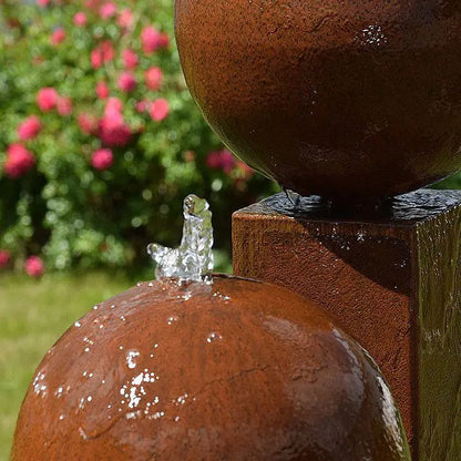 Cortenstahl Säulenbrunnen Eck 3er Set mit Kugel