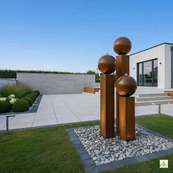 Cortenstahl Säulenbrunnen Eck 3er Set mit Kugel