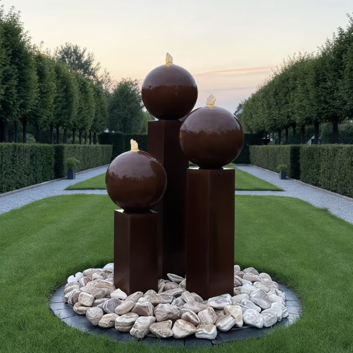 Cortenstahl Säulenbrunnen Eck 3er Set mit Kugel