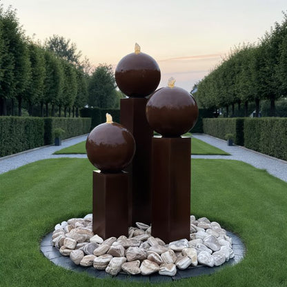 Cortenstahl Säulenbrunnen Eck 3er Set mit Kugel