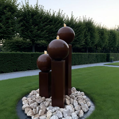 Cortenstahl Säulenbrunnen Eck 3er Set mit Kugel