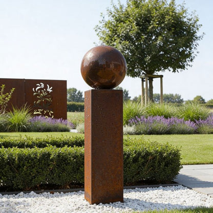 Fontaine de jardin colonne acier corten Solo carrée avec bille - Design angulaire