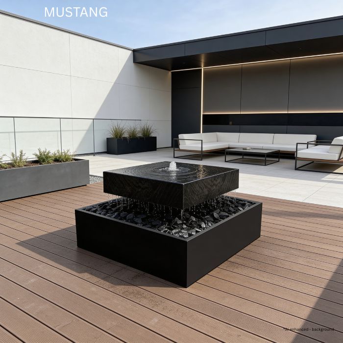Quad natural stone designer fountain with a geometric stone block and gentle water outlet