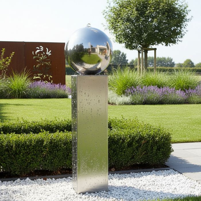 Edelstahl Säulenbrunnen Eck Solo mit Kugel