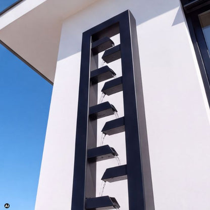 Edelstahlbrunnen mit Wasserfallkaskade in pulverbeschichteter RAL Farbe 9005 - Nahaufnahme